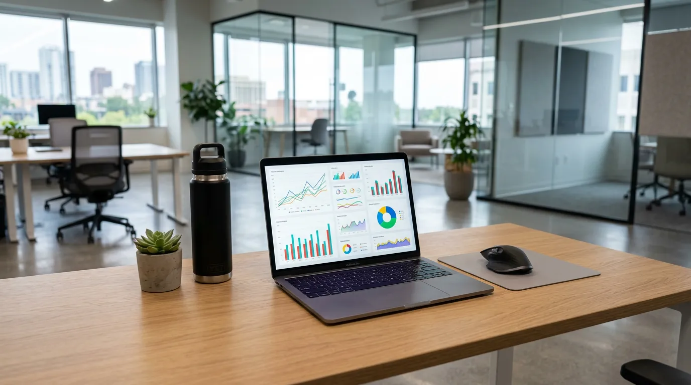 Modern office environment with laptop showing dashboard with financial charts and data visualization, clean minimalist workspace