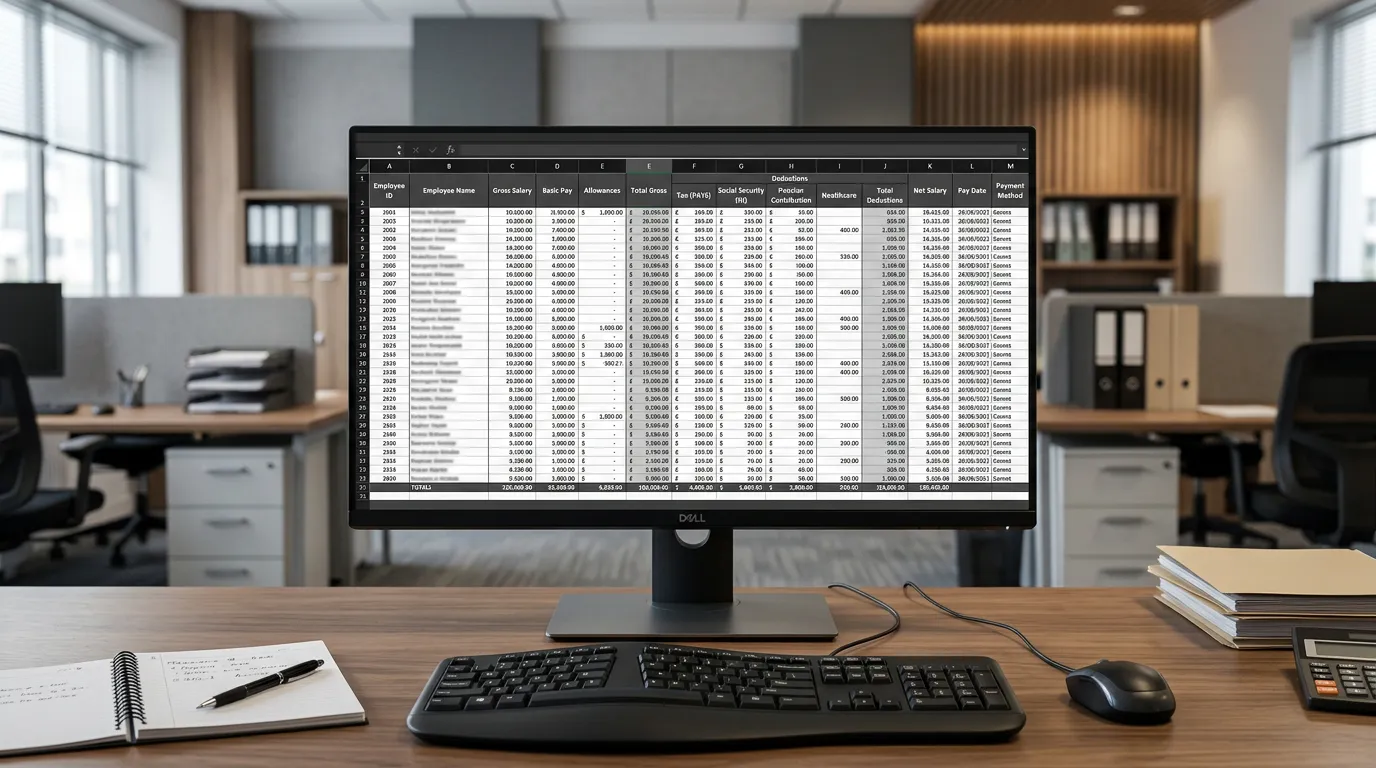 Detailed payroll spreadsheet on a computer monitor with columns showing gross salary, deductions, net salary calculations, accounting office environment