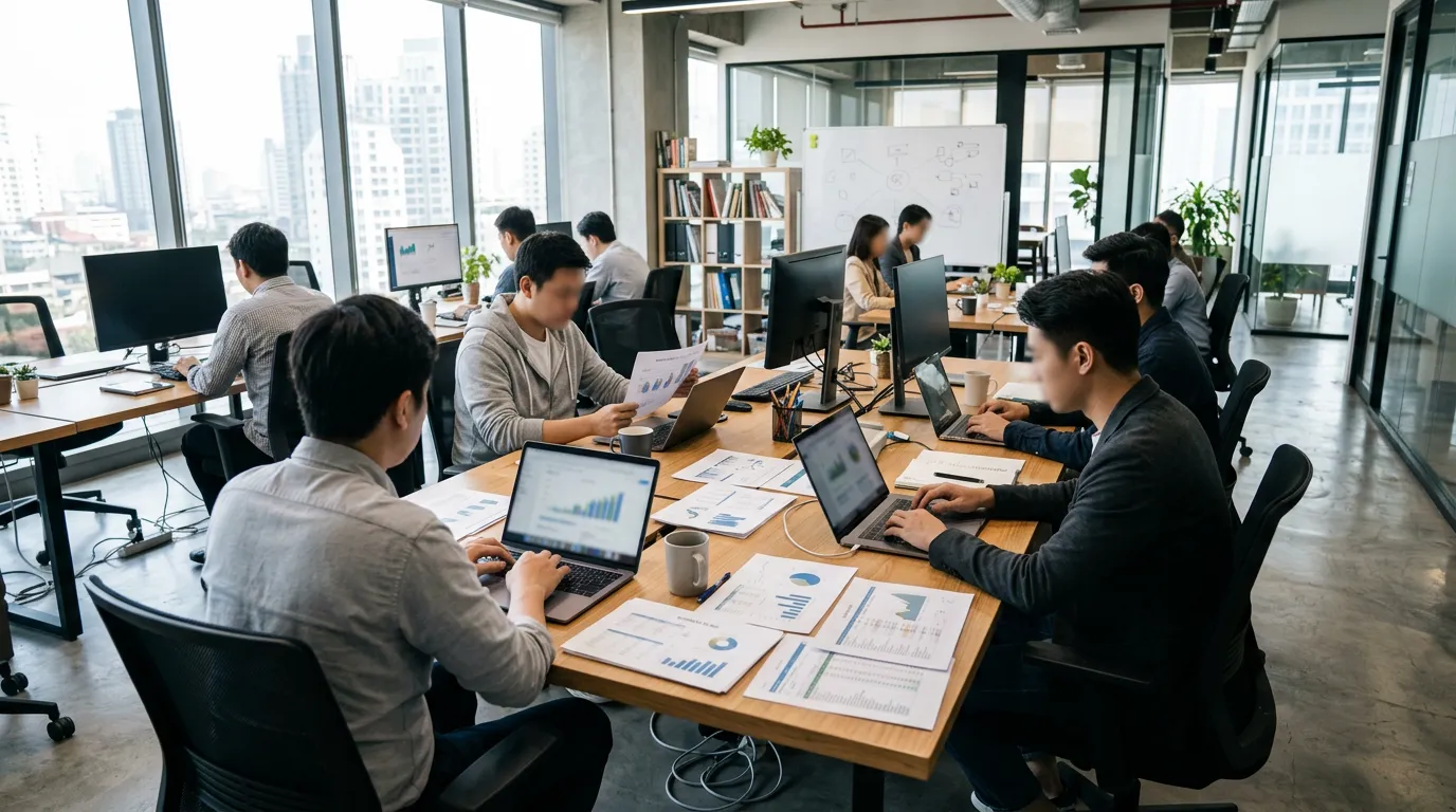 Startup office environment with team members working at desks surrounded by business plans and financial documents, bright modern workspace, photorealistic, professional, no people faces visible