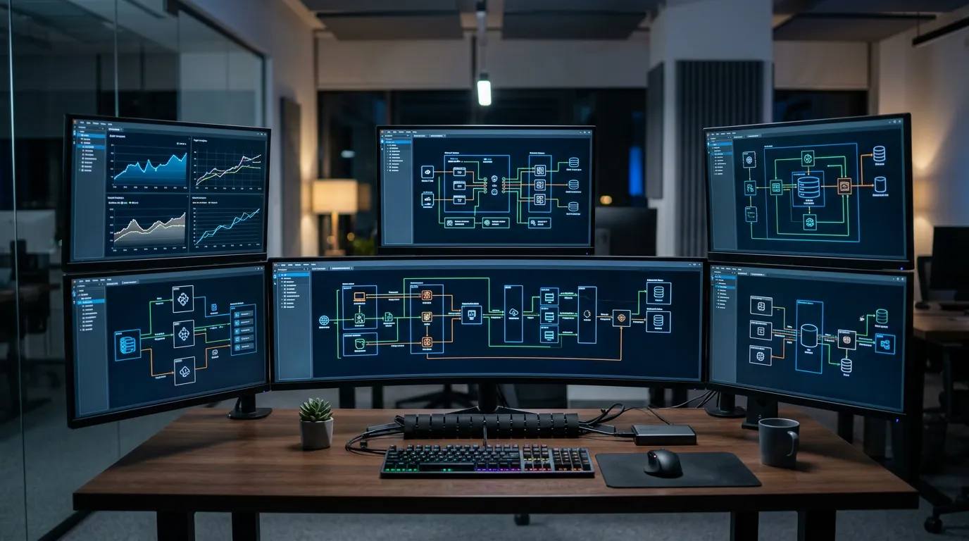 Multiple computer monitors displaying interconnected software systems with API connections and data flow diagrams, modern tech workspace