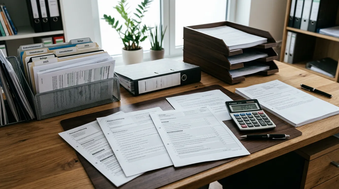 German tax forms and compliance documents arranged on a desk with calculator and pen, organized filing system